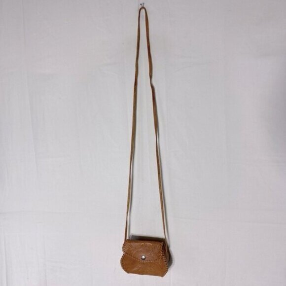 Vintage Handmade Tan Brown Tooled Leather Crossbody Bag Shoulder Bag Purse - Picture 1 of 16